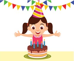 excited girl celebrating birthday with cake clipart