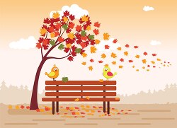 falli folliage leaves with bird on park bench clipart