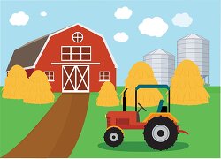 farm with red barn tractor silo piles of hay clipart