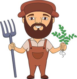 farmer wearing overalls with spading fork and plant clipart