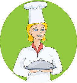 female chef wearing hat holding plate green background clipart