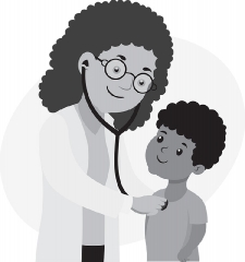female doctor checking child chest with stethoscope gray color
