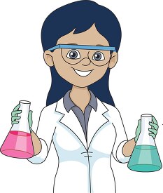 female scientist wearing goggles holding beakers clipart