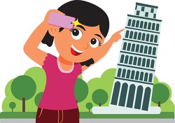 female tourist taking selfie leaning tower of pisa