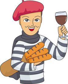 french man with bread and red wine clipart
