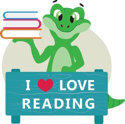 gecko character with books and poster i love reading school reptile clipart