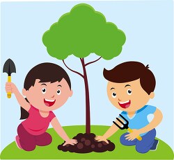 girl and boy planting small tree earth day clipart