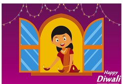 girl decorating house with oil lamp diwali clipart
