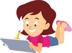 girl drawing with pencil on pad clipart