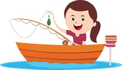 girl fishing in boat holding caught fish clipart