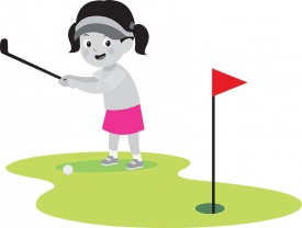 girl golfing holding club in hand gray color