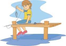 girl holding fish while sitting on pier clipart