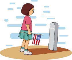 girl holding flag at grave clipart
