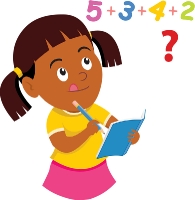 girl holding pencil solving math in note book clipart