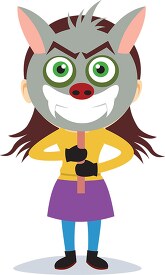 girl holding scary halloween mask in front of face clipart