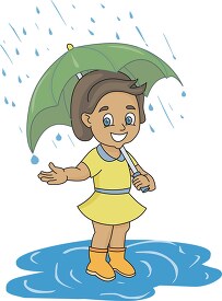 girl holding umbrella standing in puddle in rain