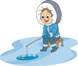 girl ice fishing wearing winter jacket boots clipart