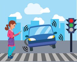 girl looking at mobile phone about to be hit by a car road safet