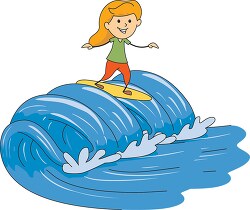girl on surf board catching large wave clipart