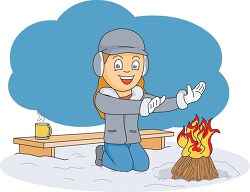 girl outdoors in the winter snow builds fire clipart