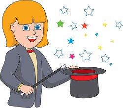 girl performing magic with wand and hat clipart