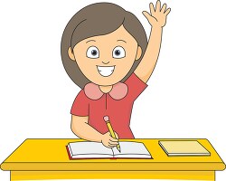 girl raising hand in classroom sitting at desk