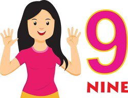 girl showing and saying counting number 9 clipart