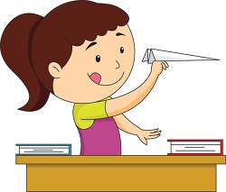 girl sitting on desk and flying paper airplane clipart