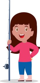 girl standing holding fishig rod clipart