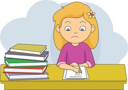 girl student at desk with stack of books writing clipart