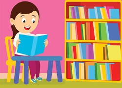 girl student reading in library clipart