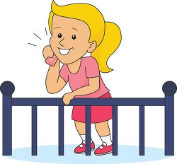 girl talking on phone leaning on railing clipart
