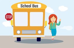girl waving at school bus with safety stop