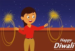 girl with sparkling fireworks in hand diwali clipart