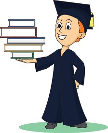graduate with cap gown balancing stack of books