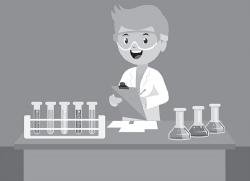 gray clipart of boy taking notes in laboratory science classroom
