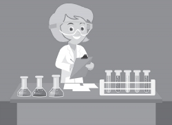 gray clipart of girl taking notes in laboratory science classroo