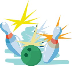 green bowling ball striking three pins with force clipart