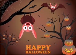 halloween with scary hanging bats on tree with pumpkin clipart