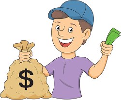 happy boy with bag of money