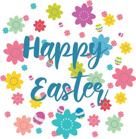 happy easter with flowers and decorated eggs vector clipart