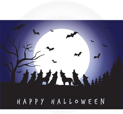 happy halloween with wolves howling full moon clipart