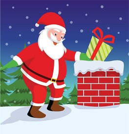 happy santa claus put gift in chimney marry christmas clipart