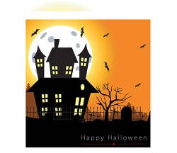 haunted house bats flying near graveyard moon in background happ