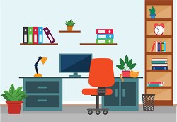 home office with desk chair bookshelf computer clipart