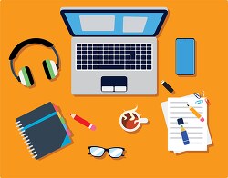 home office workspace laptop headphone notebook clipart