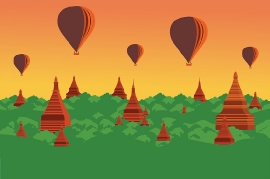 hot air ballooning over bagan myanmar clipart