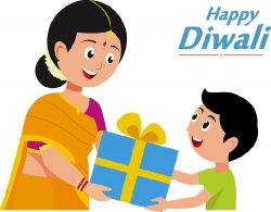 india mother giving gift to son diwali clipart