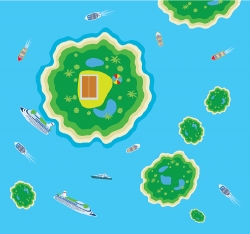 island in oean with boats ships in water clipart