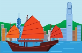 junk boat in hong kong harbor with city in background clipart
